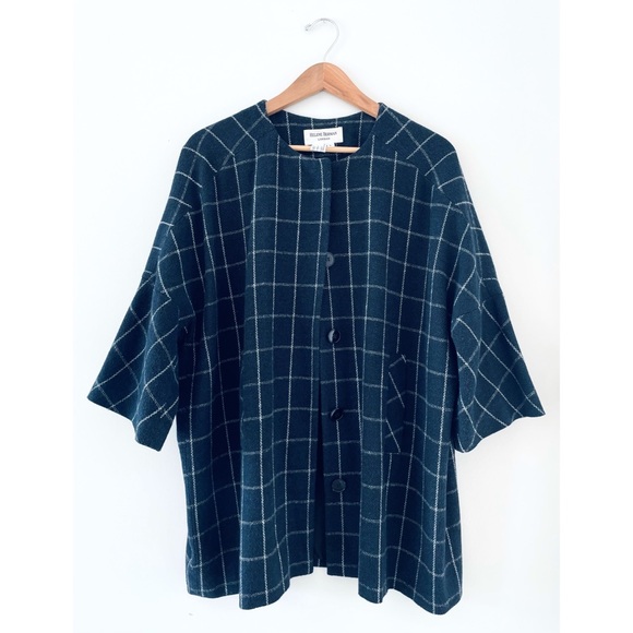 HELENE BERMAN LONDON 🍁 WOOL BLEND KIMONO COAT NAVY & WHITE LARGE CHECK - Picture 7 of 15